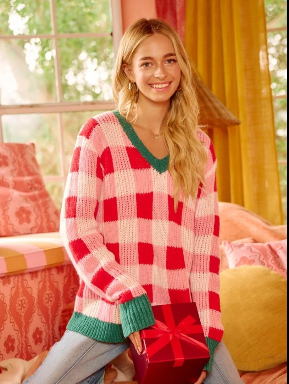 BiBi Pink & Red Checker V-Neck Sweater with Green Trim